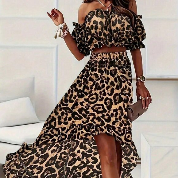 None Dresses & Skirts - Multicolor Casual Women's Leopard Print Off Shoulder Cropped Shirt With Ruffled